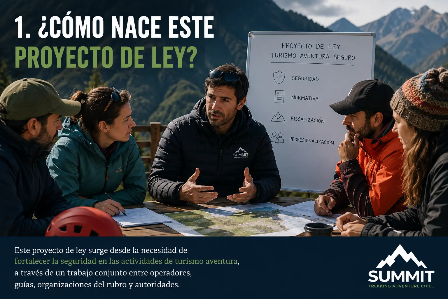 Representación de una reunión entre profesionales del turismo aventura analizando el origen del proyecto de ley que busca fortalecer los estándares de seguridad para las actividades de turismo aventura en Chile.