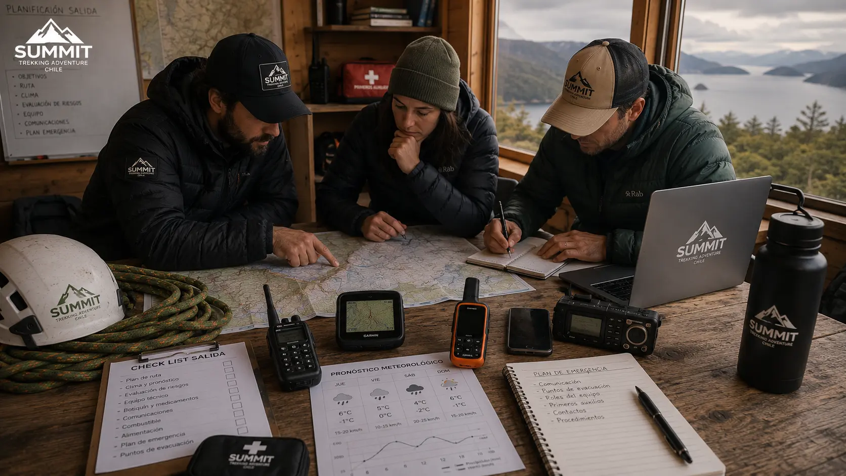 Equipo de turismo aventura planifica una salida revisando mapas, clima, comunicaciones, equipamiento y procedimientos de emergencia.