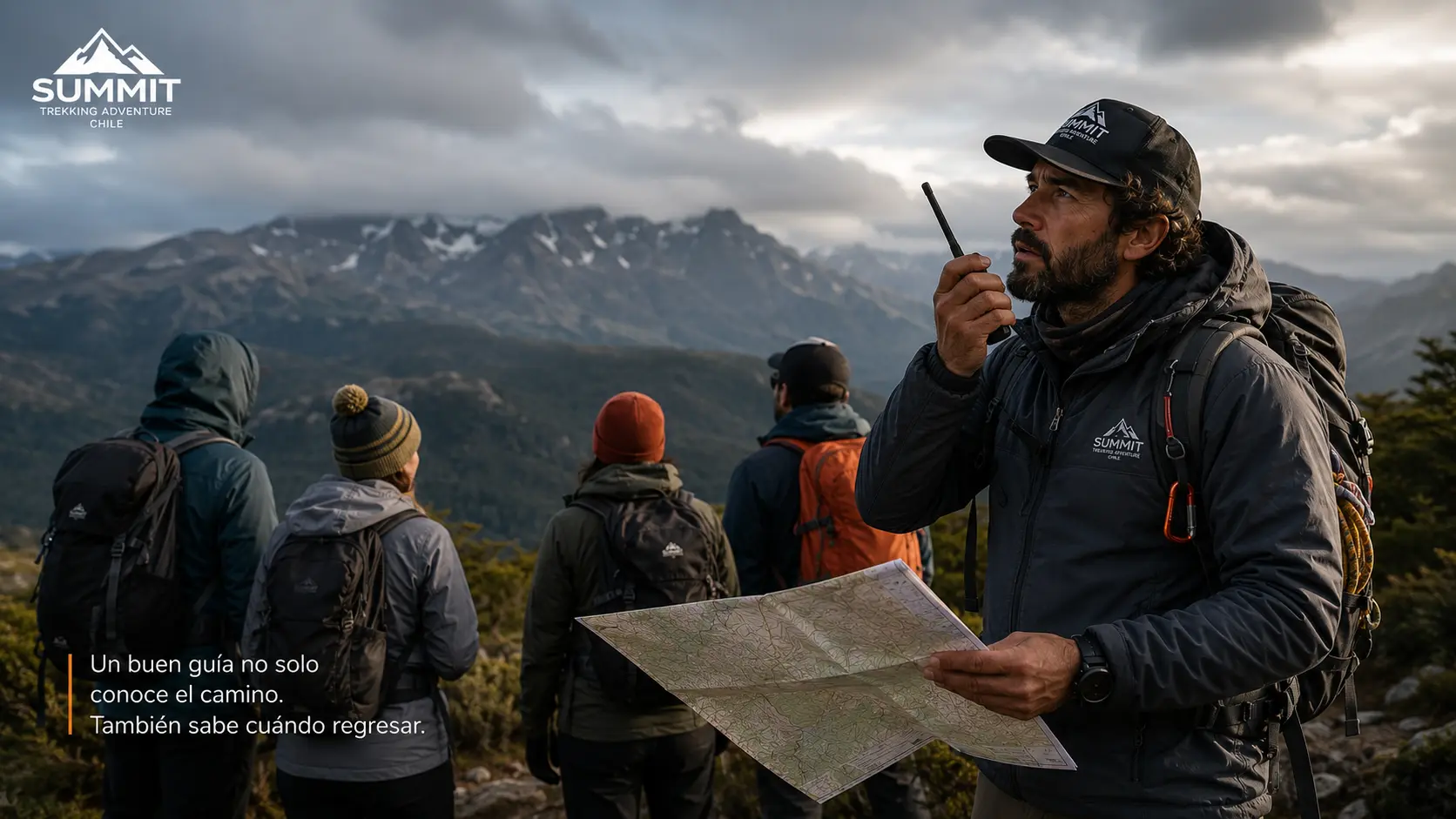 Guía de montaña lidera un grupo durante una actividad de turismo aventura mientras analiza el terreno y mantiene comunicación por radio en la cordillera chilena.