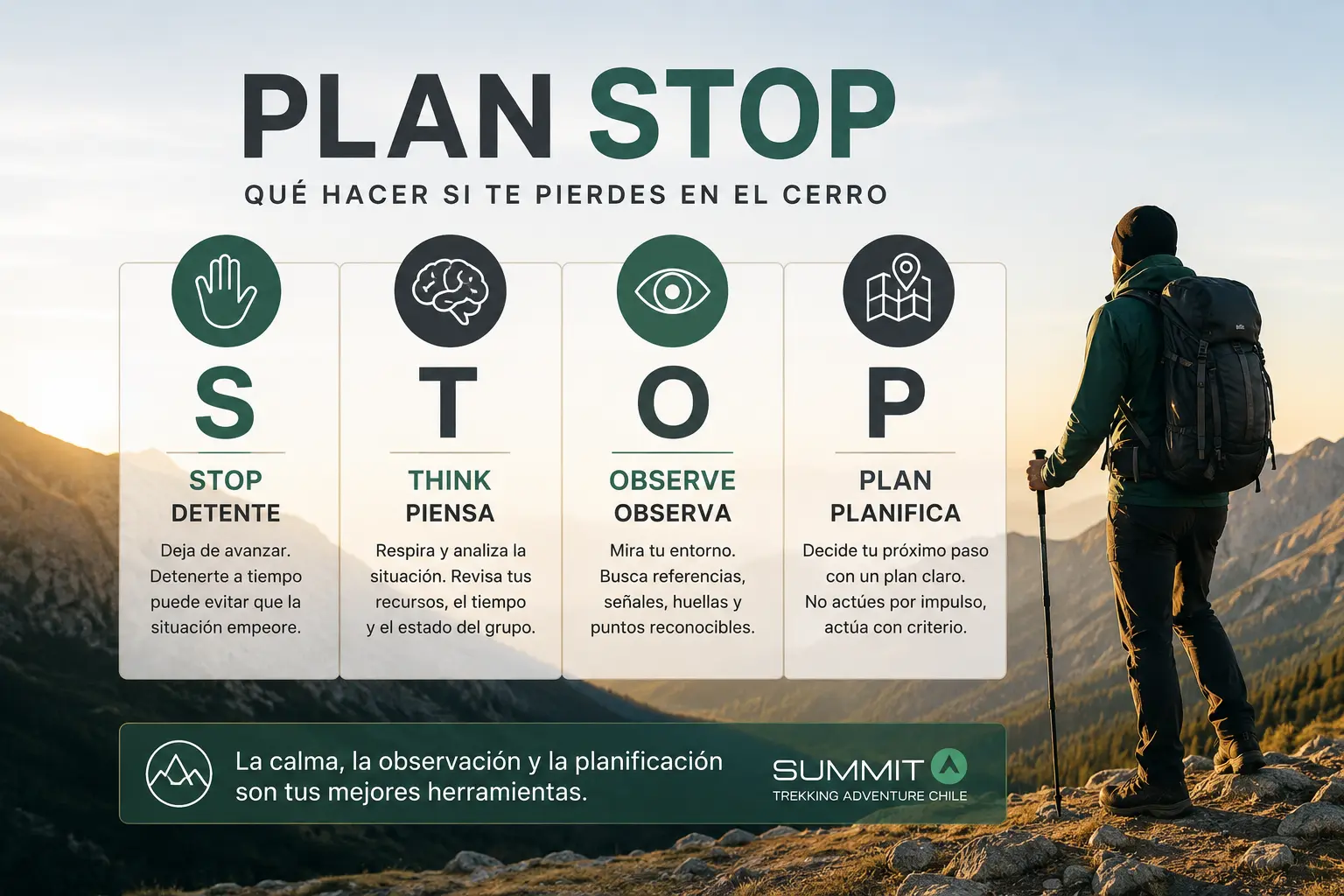 Plan STOP para saber qué hacer si te pierdes en el cerro: detente, piensa, observa y planifica.