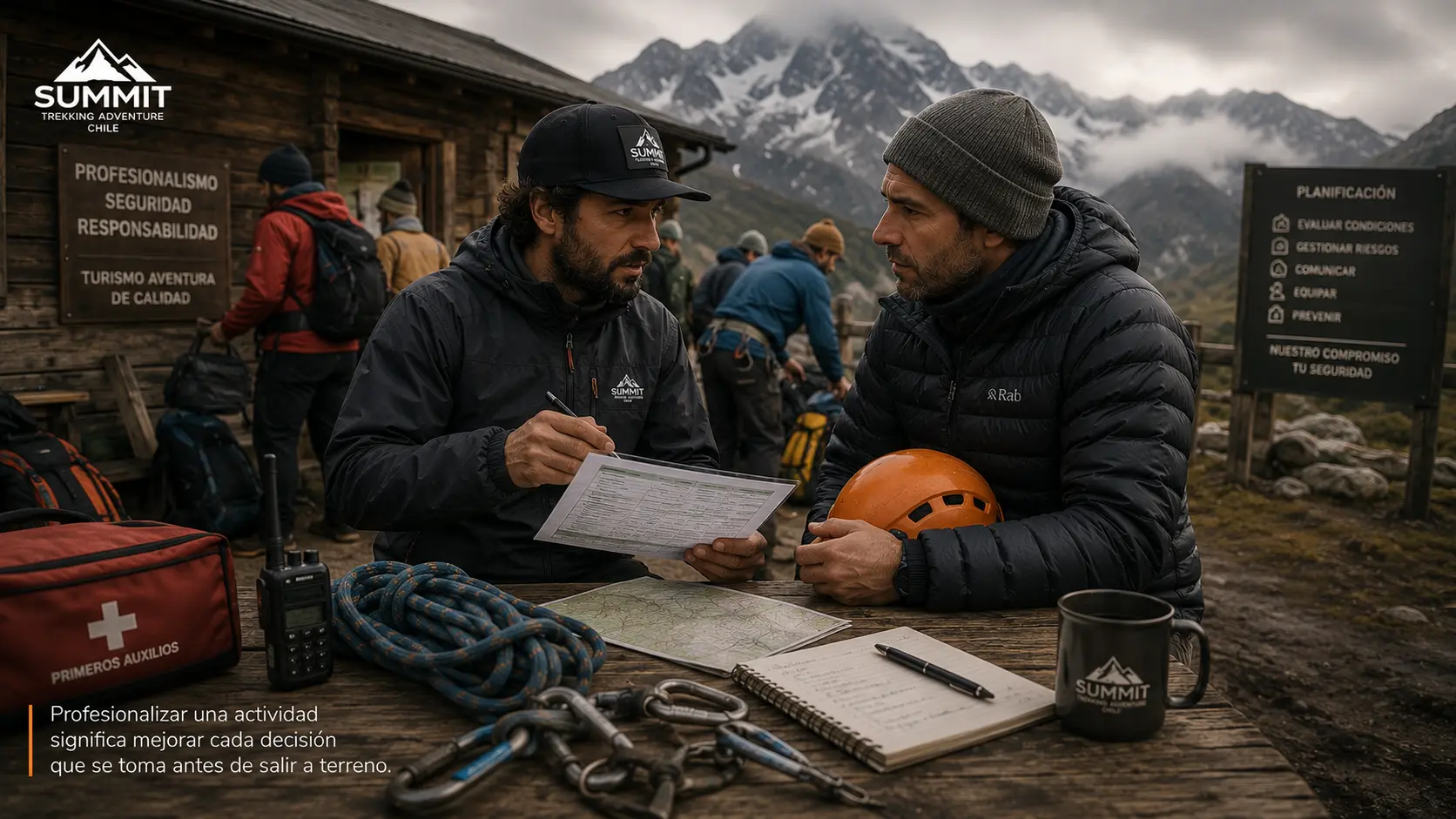 Equipo de turismo aventura revisa documentación, equipamiento técnico y planificación de una actividad outdoor antes de iniciar una expedición en la cordillera chilena.