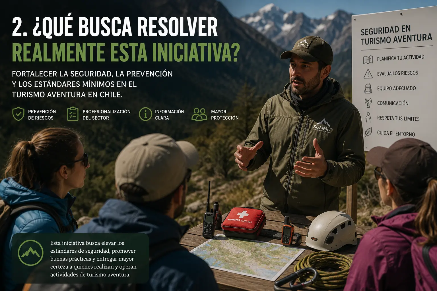Guía entrega una charla de seguridad a un grupo antes de una actividad de turismo aventura, representando los objetivos preventivos del proyecto de ley en Chile.