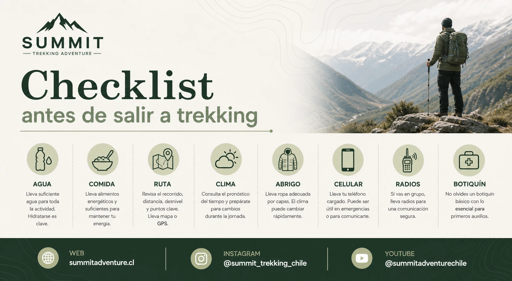 Checklist antes de salir a trekking con agua, comida, ruta, clima, abrigo, celular, radios y botiquín