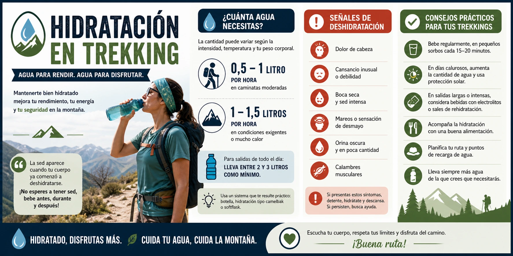 Infografía horizontal sobre hidratación en trekking con recomendaciones para salir al cerro