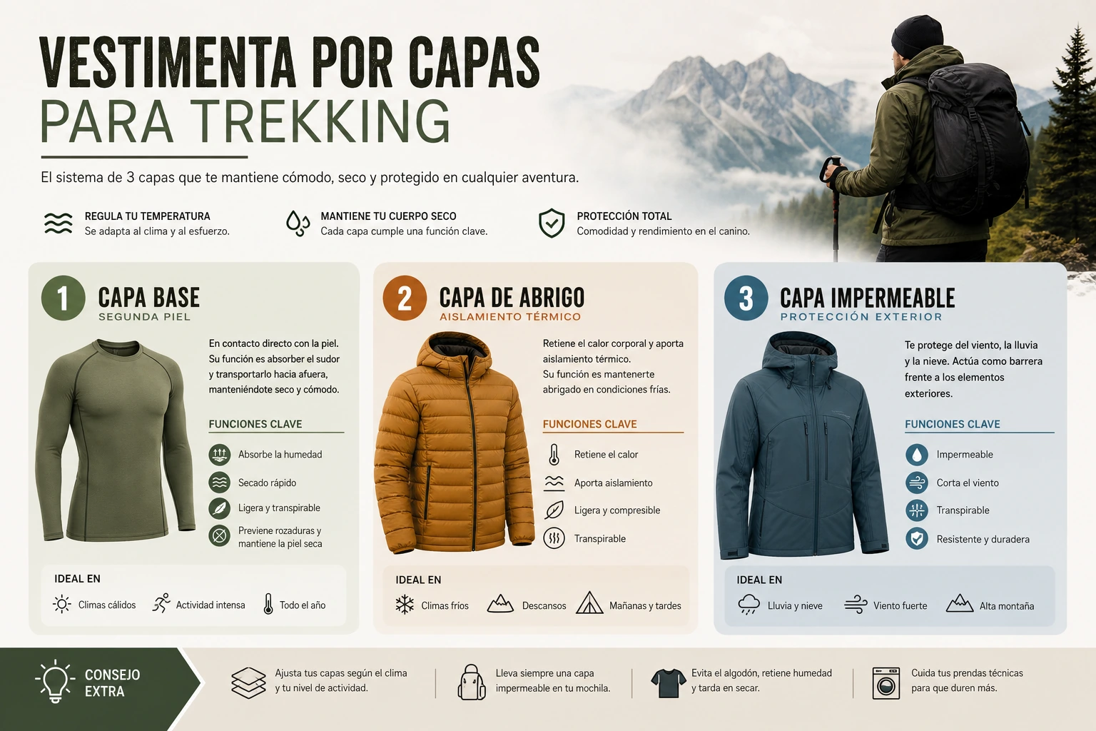 Infografía horizontal sobre vestimenta por capas para trekking y senderismo
